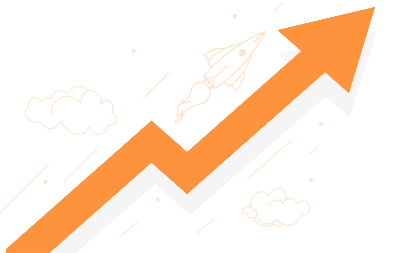 Orange growth arrow and rocket ship graphic symbolizing successful enterprise project scaling and business investment